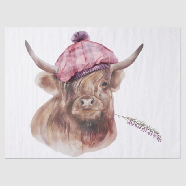 Papel De Seda Highland Cow Tartan Hat Heather Watercolor (Frente )