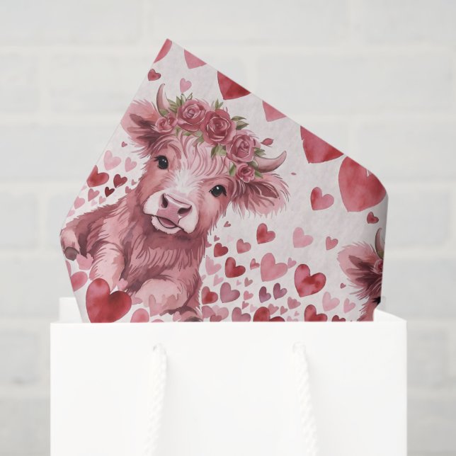 Papel De Seda Highland Cow Valentine Pink Rose Tissue Paper (Sacola de presentes)