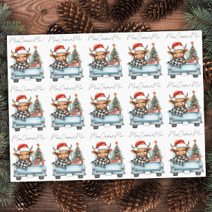 Papel De Seda Highland Cow Vintage Blue Truck Feliz Natal