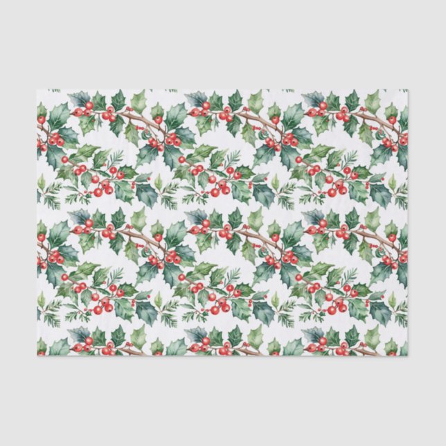Papel De Seda Holiday Holly with Greenery in Watercolor (Frente )