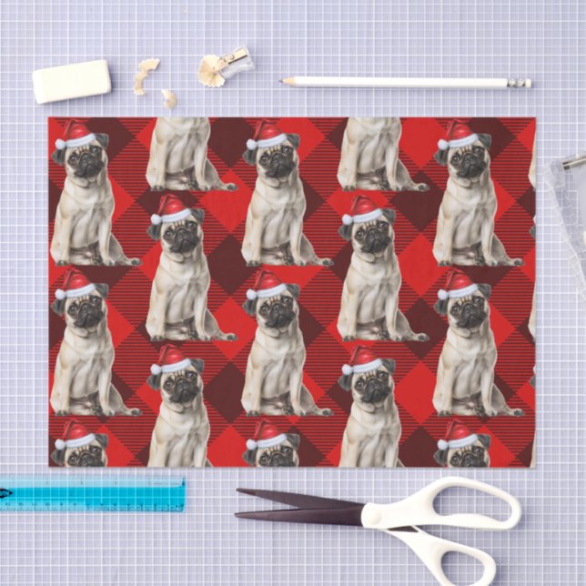 Papel De Seda Holiday Santa Pug Dog Red Buffalo Plaid Christmas (Arte )
