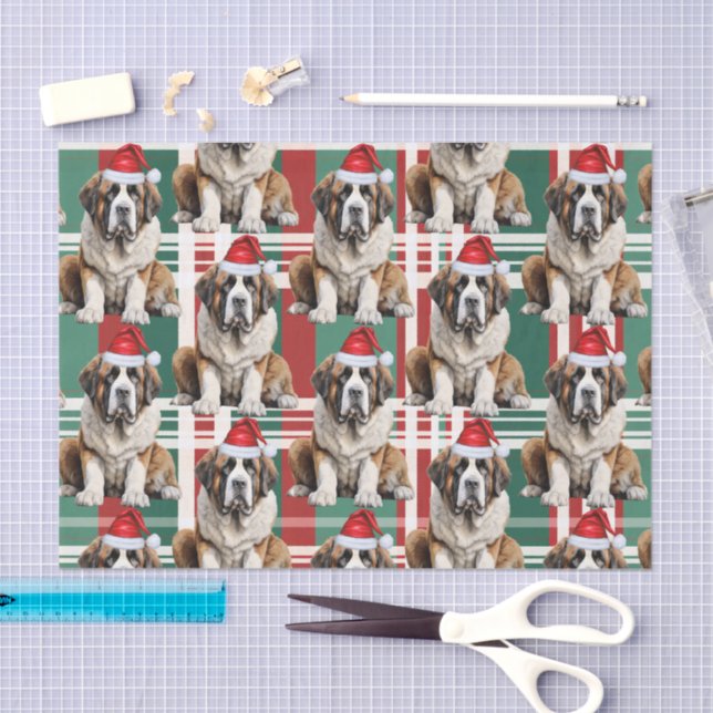 Papel De Seda Holiday Santa Saint Bernard Dog Plaid Christmas (Arte )
