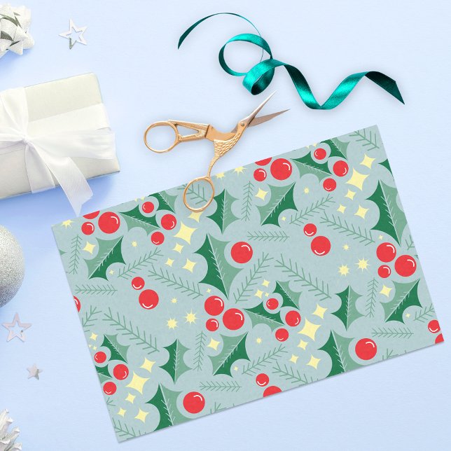 Papel De Seda Holly Deixa Berries Vermelhos Estende Padrão de Na (Criador carregado)