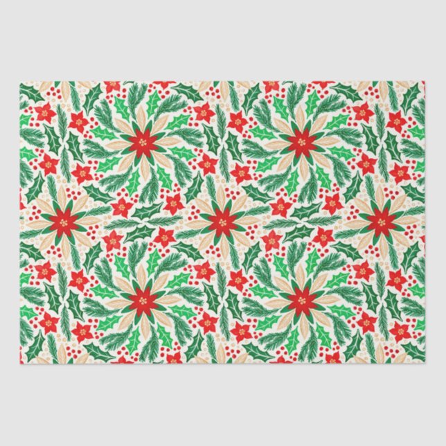 Papel De Seda Holly e Poinsettia Padrão de Férias Botânicas (Frente )