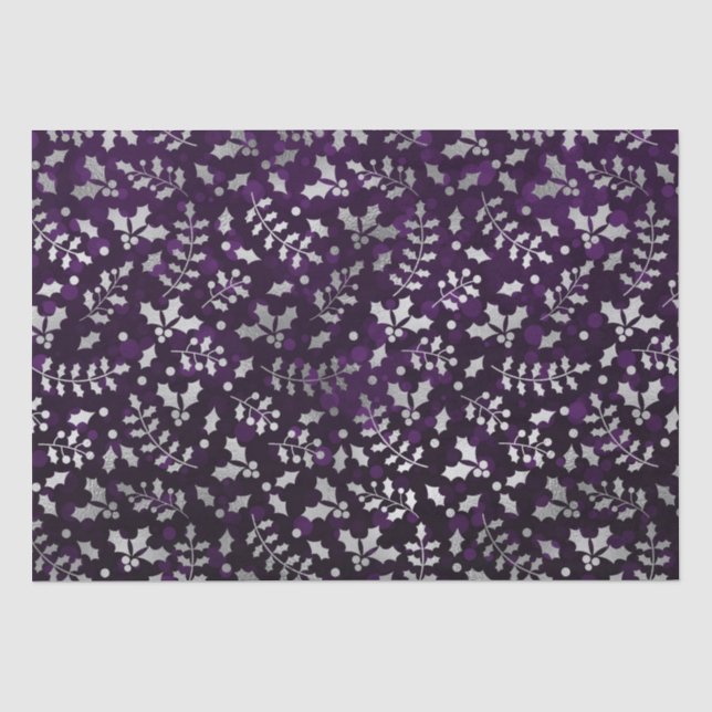 Papel De Seda Holly Natalino com Bokeh Roxo e Folha de Prata (Frente )
