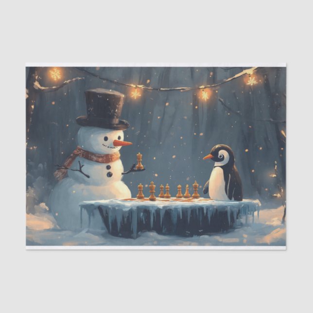 Papel De Seda Homem de Neve Adorável e Pinguim jogando xadrez (Frente )