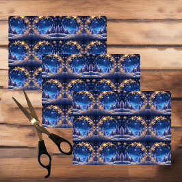 Papel De Seda Hora mágica de Natal - Flocos de neve ouro em azul