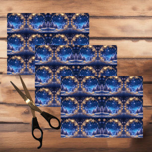 Papel De Seda Hora mágica de Natal - Flocos de neve ouro em azul