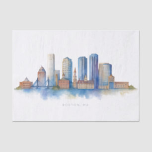 Papel De Seda Horizonte de Boston em Aquarela   Moderno Boston M