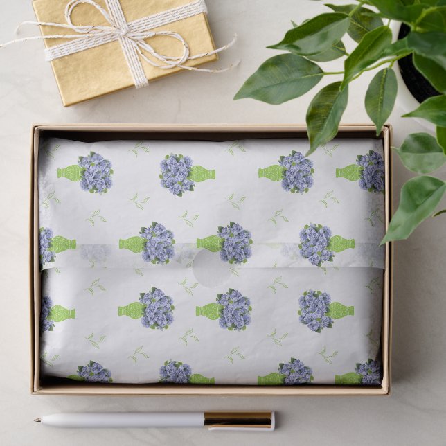 Papel De Seda Hortênsia Azul em Padrão Floral de Vaso Verde (Presente)