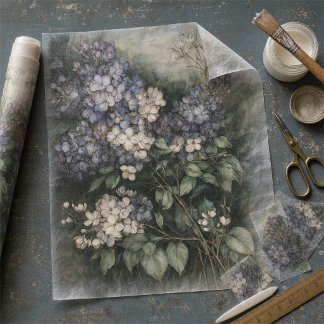 Papel De Seda Hortênsia Floral Azul e Creme Decoupage Vintage