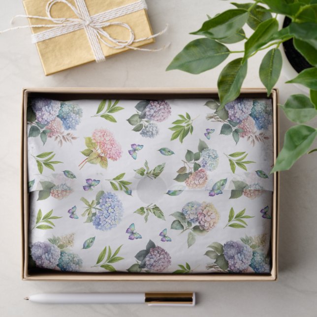Papel De Seda Hortênsia Floral Azul e Rosa (Presente)