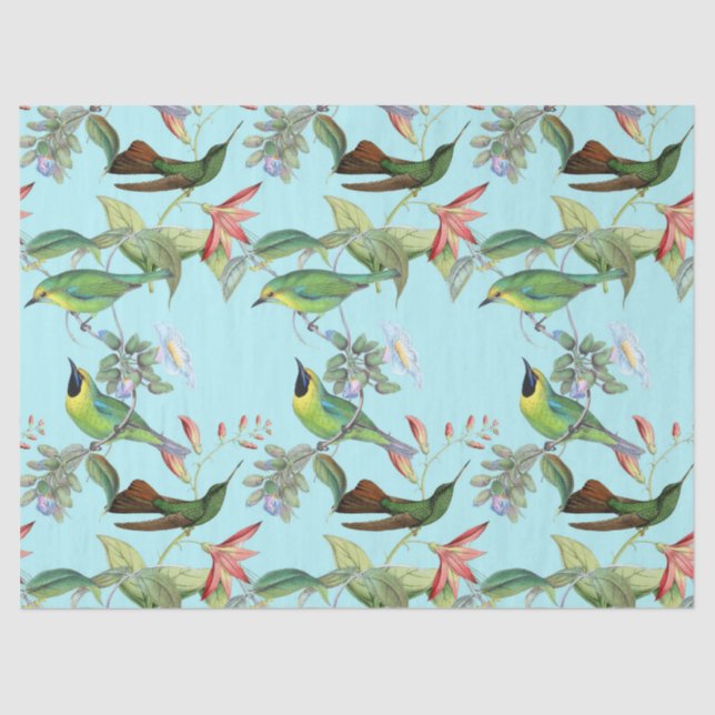 Papel De Seda Hummingbird e Flores na Nuvem Verde Claro (Frente )
