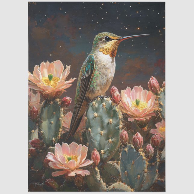 Papel De Seda Hummingbird num Cactus Blooming (Frente )