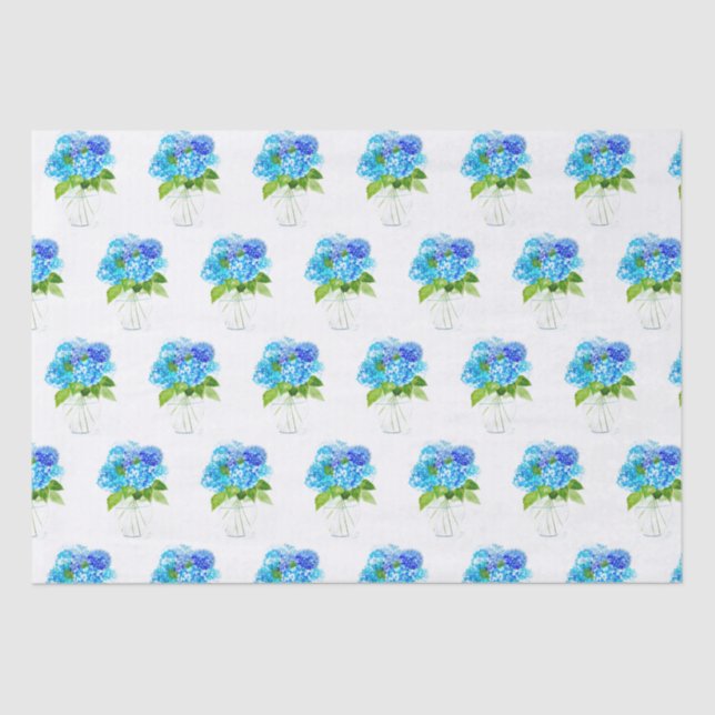 Papel De Seda Hydrangea floral Blue Flores Aquarela Russo (Frente )