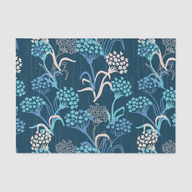 Papel De Seda Hydrangea Floral Estilizada - Azul Elegante (Frente )