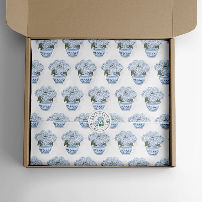 Papel De Seda Hydrangeas Azuis no Pote Chinoiserie (Chinoiserie Hydrangea Tissue Paper watercolor)