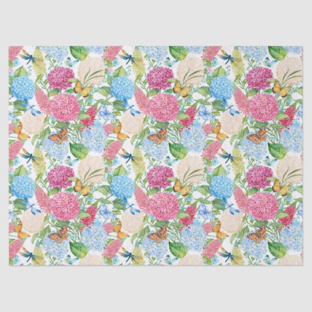 Papel De Seda Hydrangeas e borboletas Dragonfly Triturada Casame (Frente )