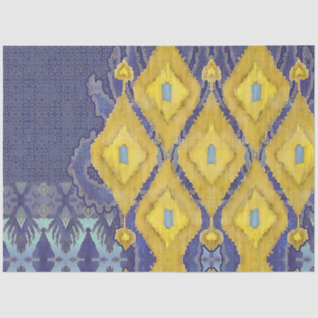 Papel De Seda IKAT Usbequistão Padrão Amarelo Azul Tribal Antiqu (Frente )