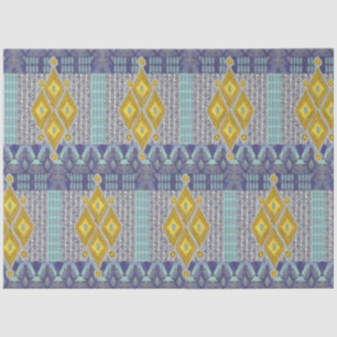Papel De Seda IKAT Vintage Rug Antiquado Tribal Azul e Amarelo