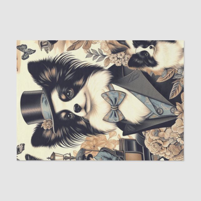 Papel De Seda Ilustração de Cão Vintage Papillon (Frente )