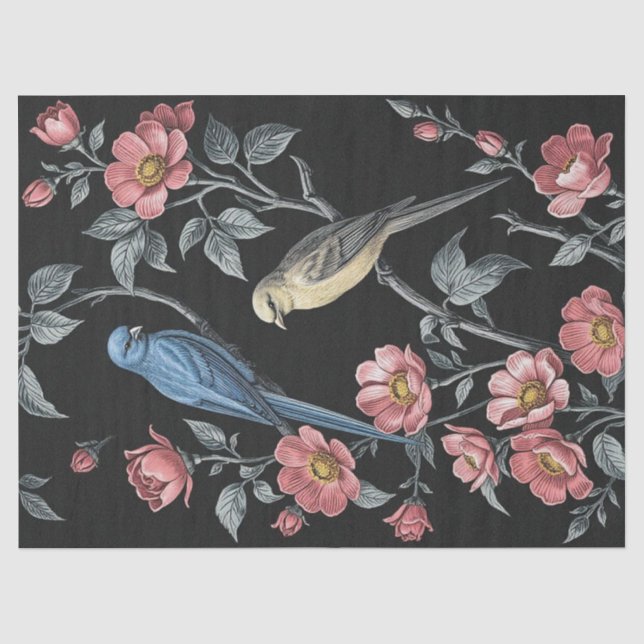 Papel De Seda Ilustração de Flores e Pássaros (Frente )
