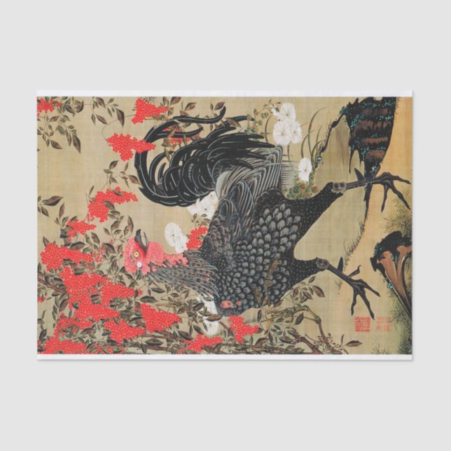 Papel De Seda Ilustração de Nandina e Rooster de Ito Jakuchu (Frente )