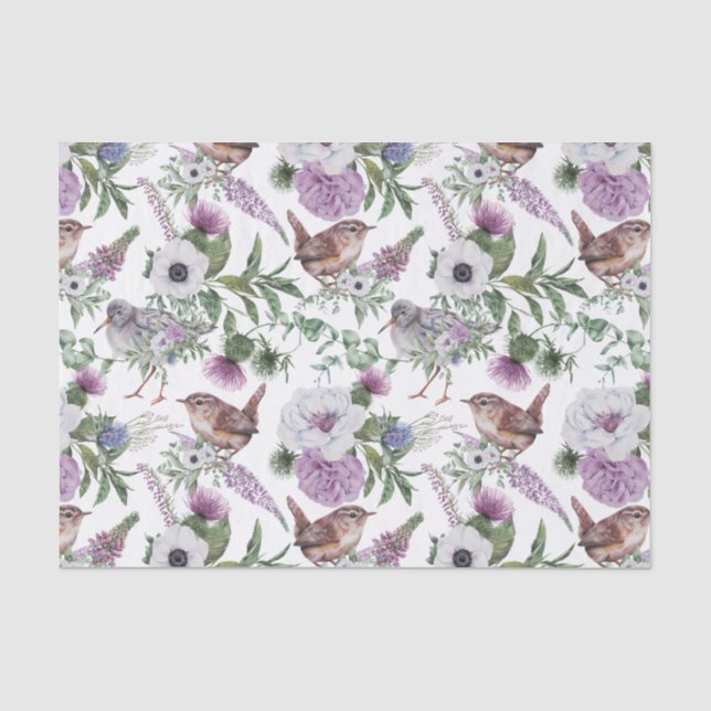 Papel De Seda Ilustração de Pássaros Cantores Roxo Floral Verde (Frente )
