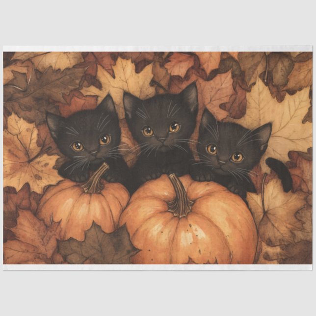 Papel De Seda Ilustração de Trio de Gatinhos Pretos em Decoupage (Frente )