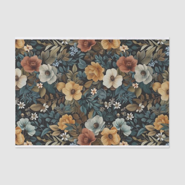 Papel De Seda Ilustrações Florais Folheadas em Fundo Escuro (Frente )