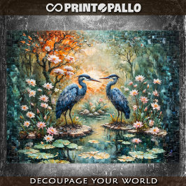 Papel De Seda Imagem no estilo mosaico de 2 herões azuis no pânt