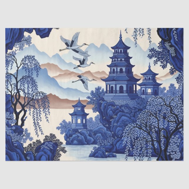 Papel De Seda Impressão de Decoupage Chinoiserie Azul Estilo Fra (Frente )
