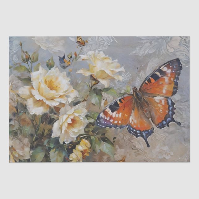 Papel De Seda Impressão de Rosas e Borboletas Decoupage / (Frente )