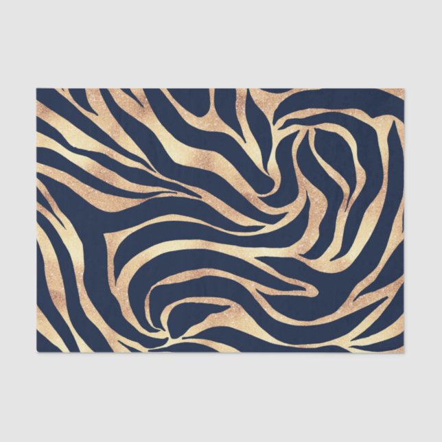 Papel De Seda Impressão de Zebra Azul Dourada Elegante Marinho (Frente )