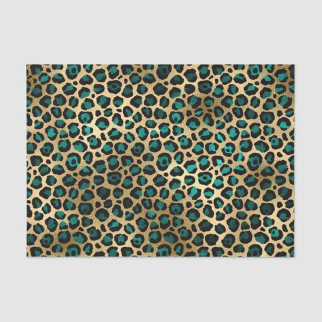 Papel De Seda Impressão Dourada Elegante de Leopardo Teal Leopar (Frente )