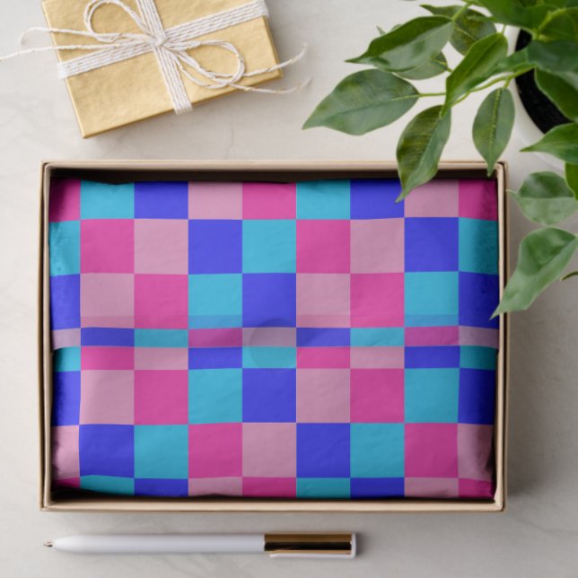 Papel De Seda Impressão Xadrez Rosa e Azul (Presente)