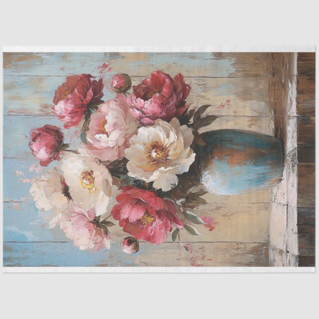 Papel De Seda Impressionista Flores Rosa Azuis Decoupage (Frente )