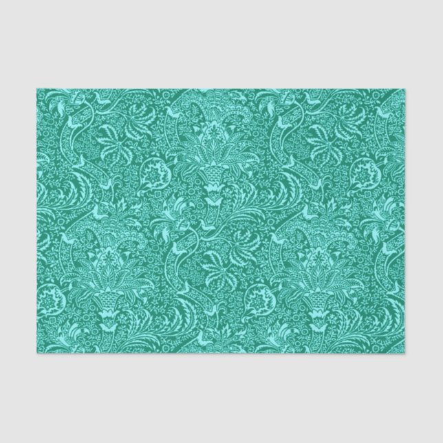 Papel De Seda Indiano de William Morris, turquesa e Aqua da luz (Frente )