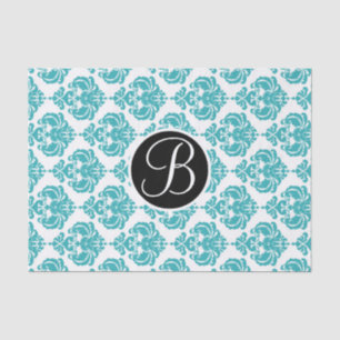 Papel De Seda Inicial do Letra Monograma Damasko Glam Aqua Turqu
