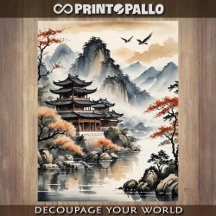 Ink drawing Japanese Pagoda on autumn lake - 