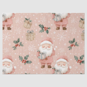 Papel De Seda Inverno Rosa - Papai Noel, Flocos de Neve, Azevinh
