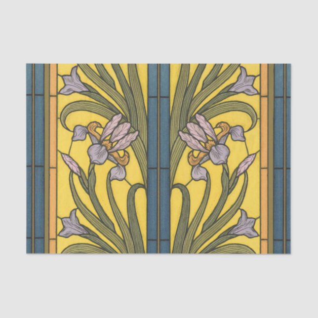 Papel De Seda Iris Flower Art Nouveau Vidro Estampado Azul Doura (Frente )