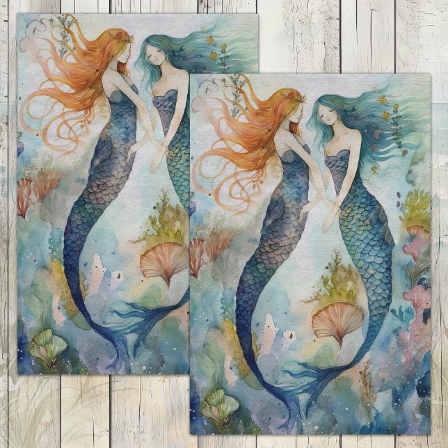 PAPEL DE SEDA IRMÃS SEREIAS CAPRICHOSAS DÉCOUPAGE (WHIMSICAL MERMAID SISTERS DECOUPAGE TISSUE PAPER)