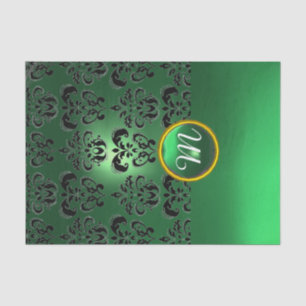 Papel De Seda Jade Preto Verde DAMASCO PEDRA MONOGRAMA Floral