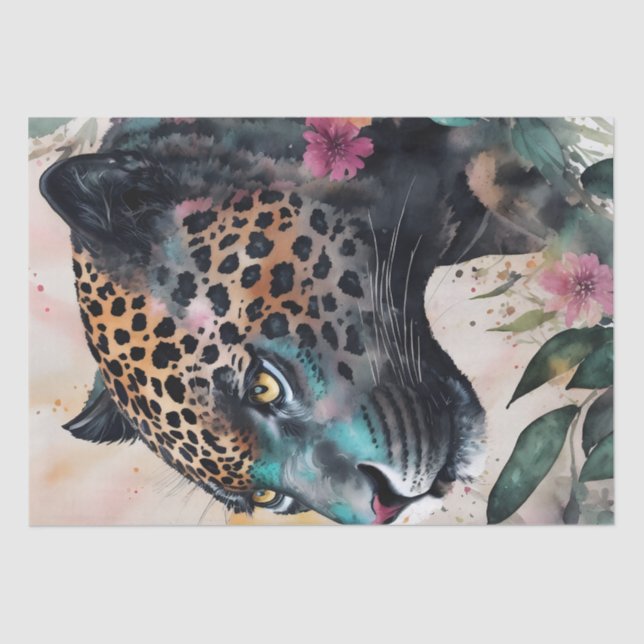 Papel De Seda Jaguar Watercolor Arte Floral (Frente )