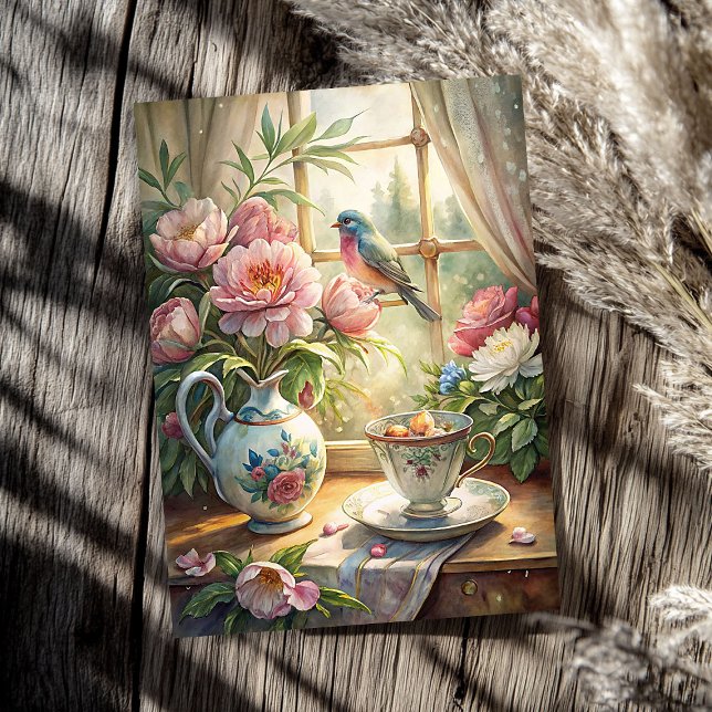 Papel De Seda Janela Elegante de verão com peônias rosa-pássaros (Elegant summer window with bird pink peonies tissue paper)