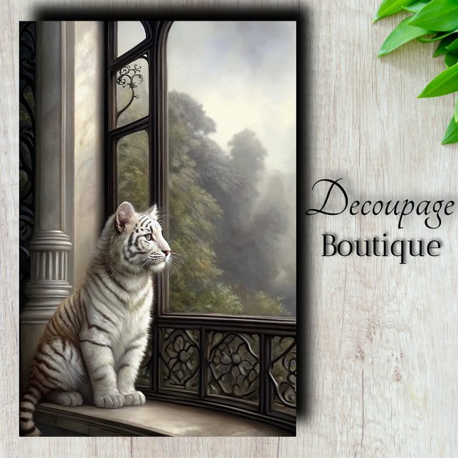 Papel De Seda Janela Gótica Decoupage Tigre Branco (Gothic Window White Tiger Decoupage Tissue Paper)