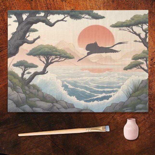 Papel De Seda Japanese Rocky Coast Sunset Landscape and Egret (Criador carregado)