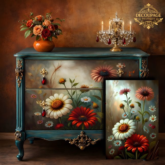 Papel De Seda Jardim de Margaridas ao Crepúsculo Decoupage (Daisy Garden At Dusk Decoupage Tissue Paper Mockup)