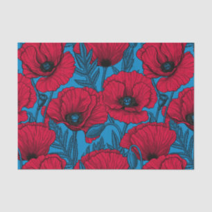 Papel De Seda Jardim de papoila vermelho em azul